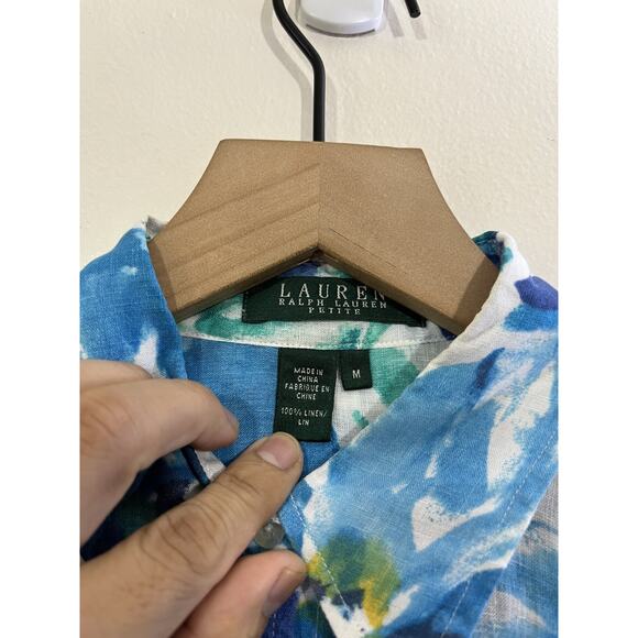 Linen Button Up Floral Blouse M Boho Coastal Resort Maximalist Preppy Office Art - Picture 7 of 12